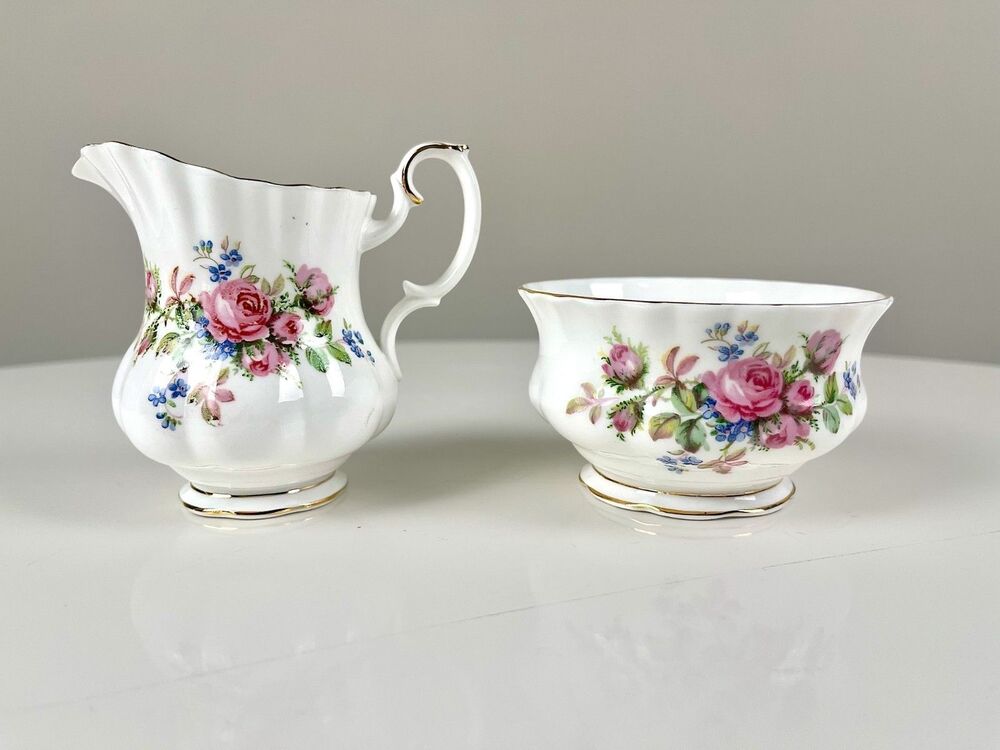 Royal Albert Moss Rose Cream & Sugar Set Bone China Vintage 50s England
